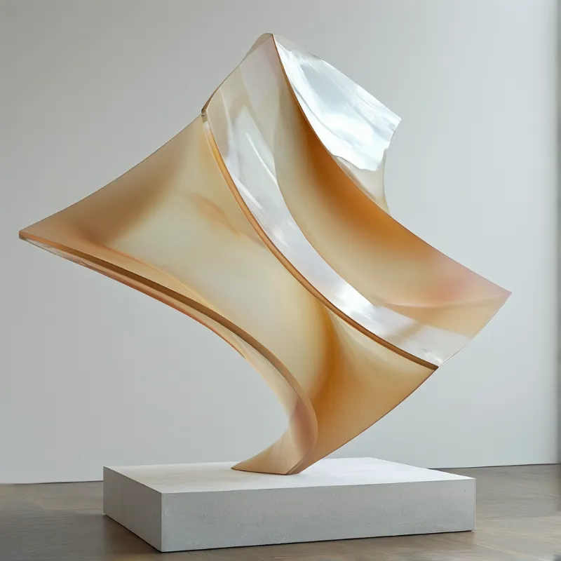 A translucent amber ribbon of glass curves upward from a stone base inside a bright gallery