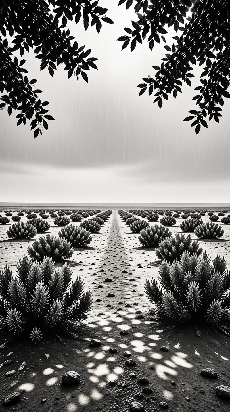 Rows of rosette shrubs march toward a flat horizon in a black and white landscape framed by dark overhanging leaves.