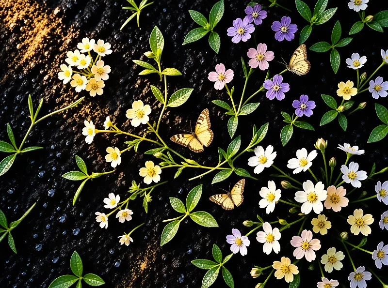 White yellow pink and purple wildflowers with three orange butterflies on a dark wet textured background.