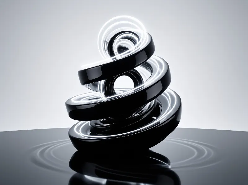 Glossy obsidian coils stacked in a helix glow with white light streaks against a grey backdrop and mirrored floor.