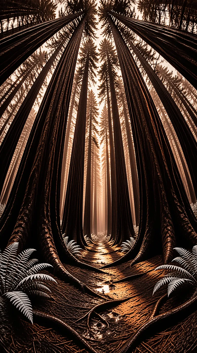 Trees Forming A Cathedral In Misty Forest