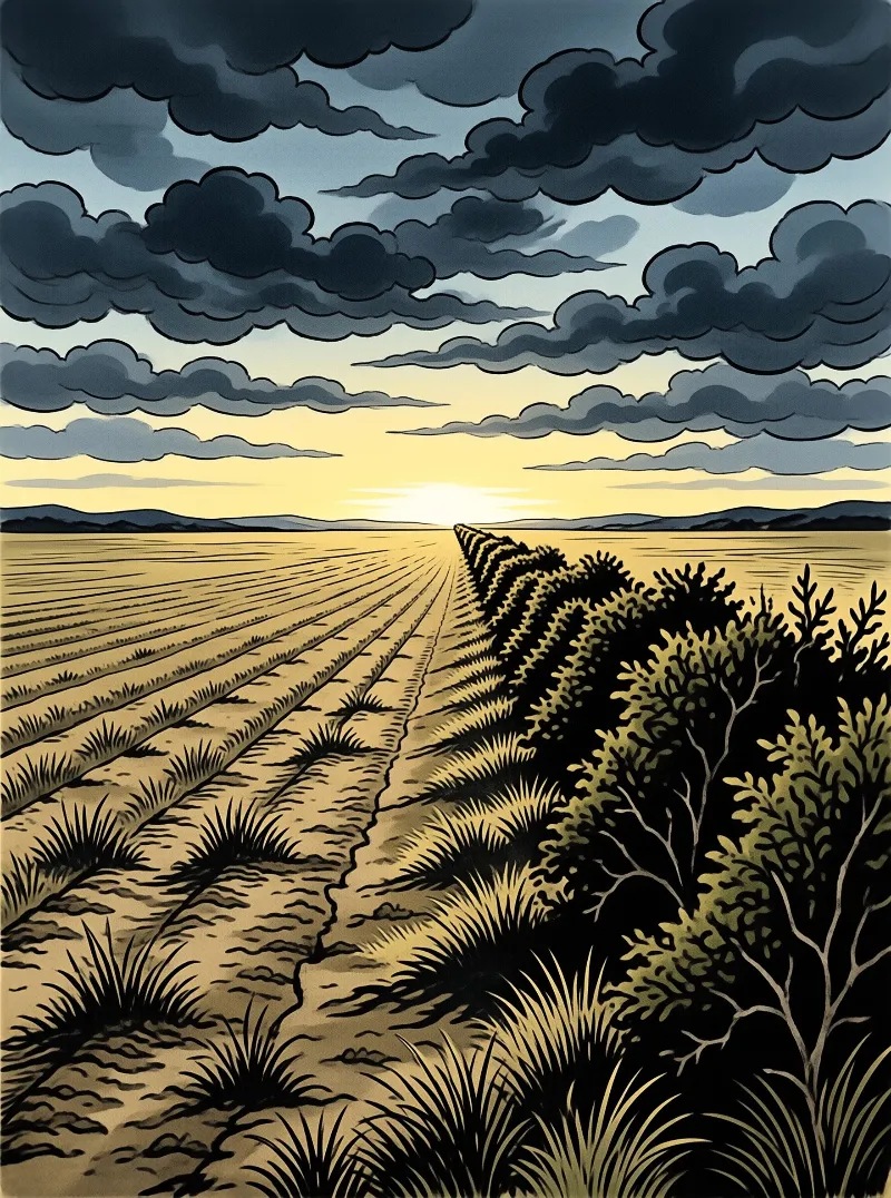 Cracked dry farmland stretches to the horizon under thick storm clouds at dusk, warm golden light breaks near distant hills, yellow brush lines the field edge.
