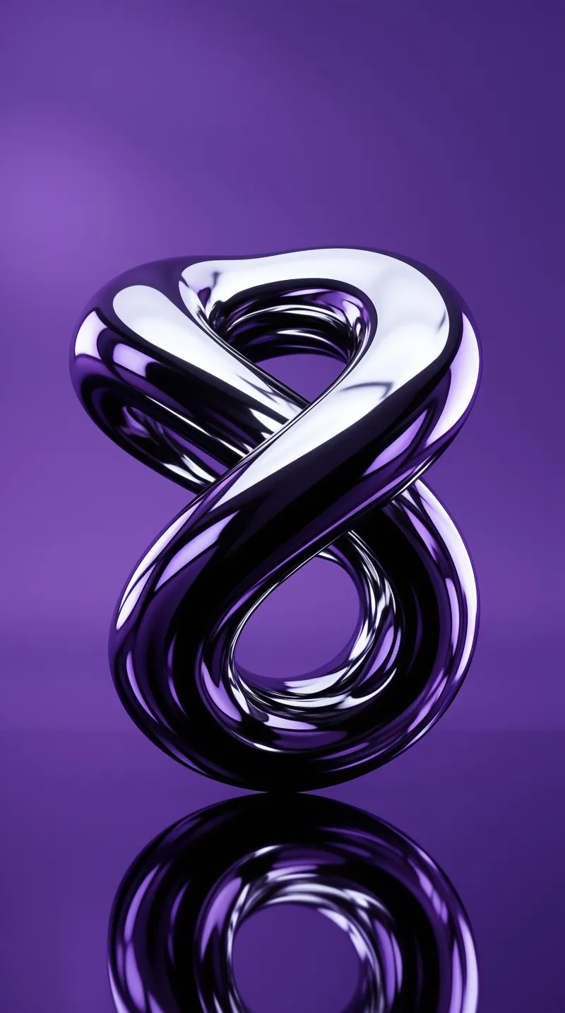 A mirror like metal loop sculpture bends into a figure eight above its reflection on a violet stage
