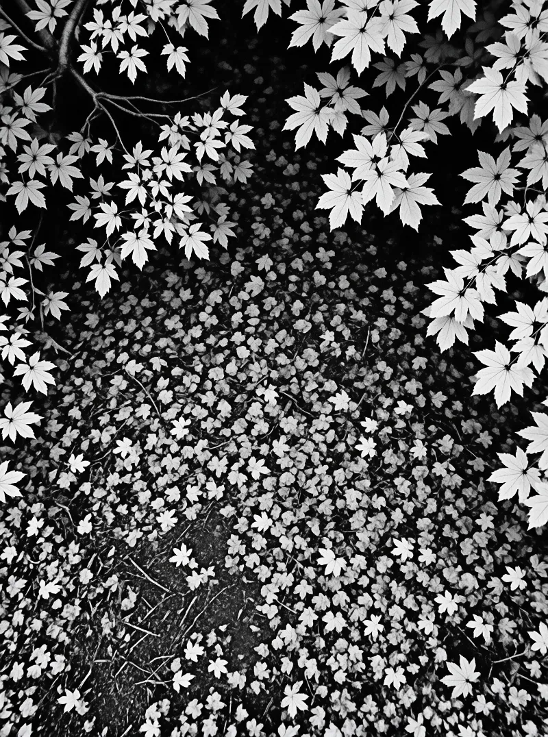 Black and white image of bright maple leaves on branches and scattered across dark ground with strong contrast.