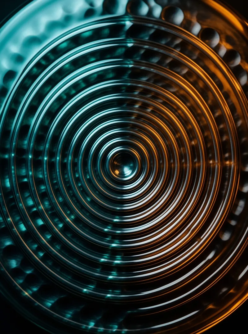 Concentric circular rings recede into the center while shifting from cool cyan on the left to warm amber on the right.