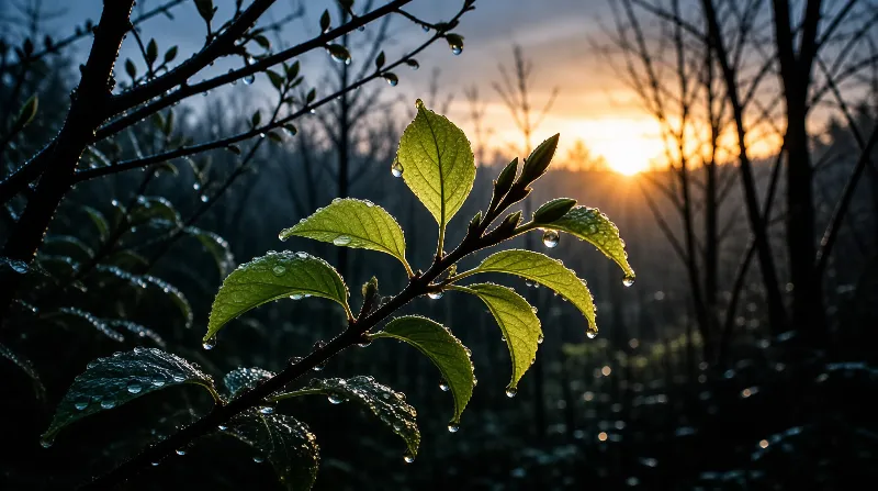 Backlit green leaves bead with raindrops on a slender branch while the low sun burns through a shadowed thicket