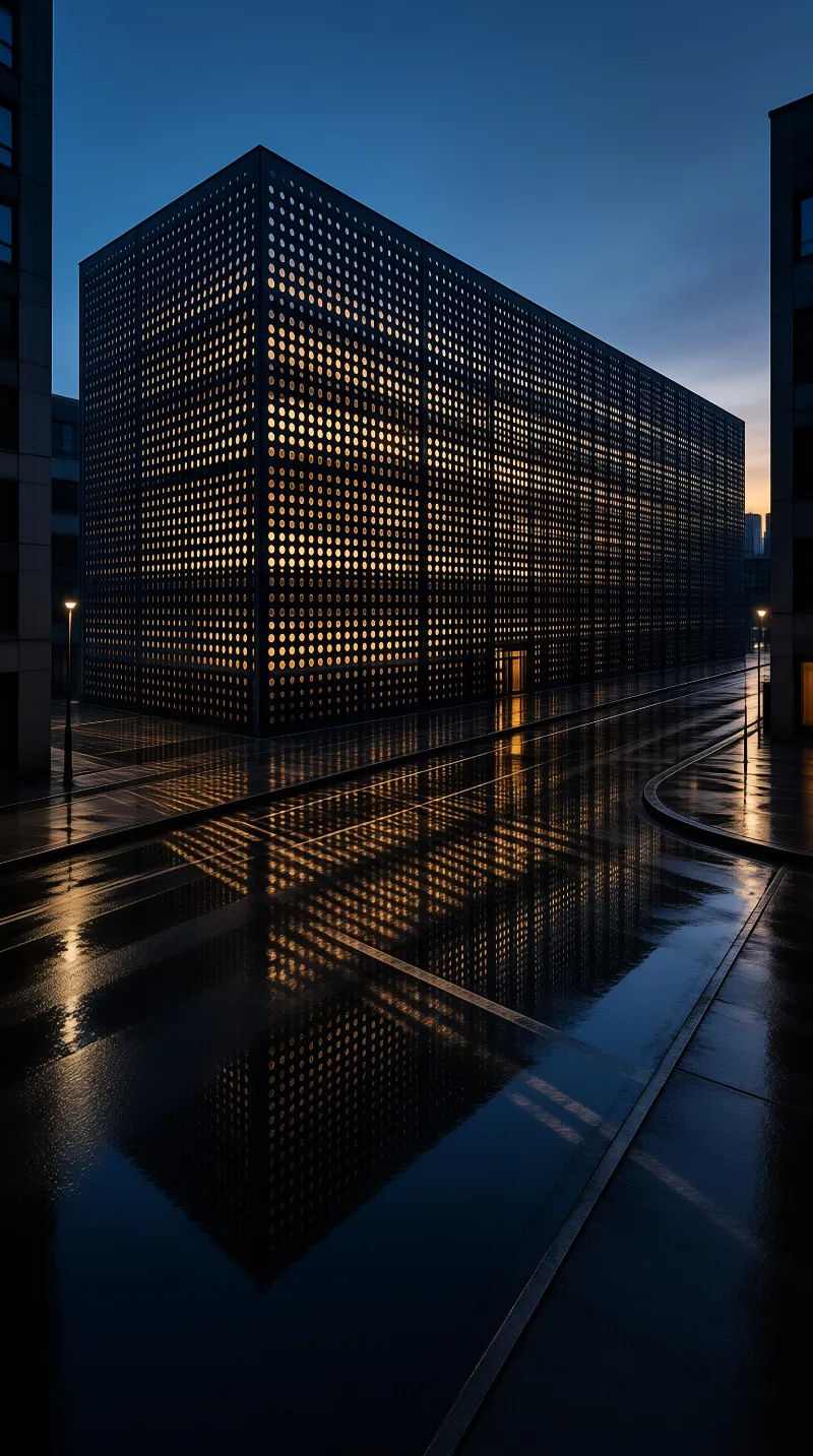 A large structure with a perforated metal facade stands above a wet reflective street under a deep blue sky.