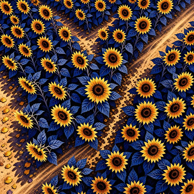 Bright yellow sunflowers with blue leaves fill a field divided by diagonal earthen paths.