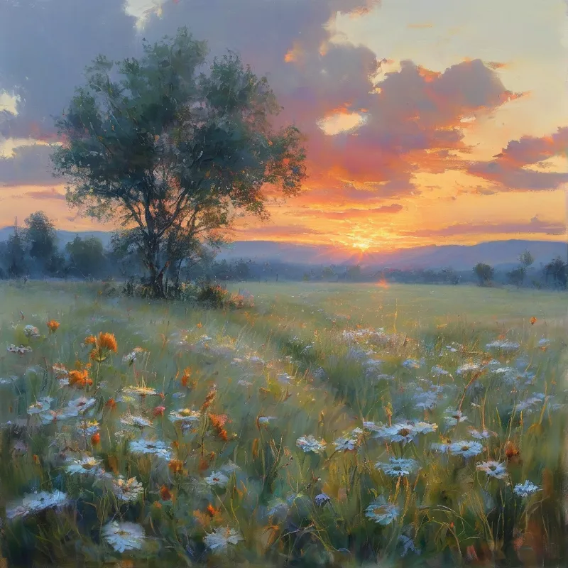 A solitary tree stands beside a field of white and orange wildflowers under a vibrant orange sunset sky.