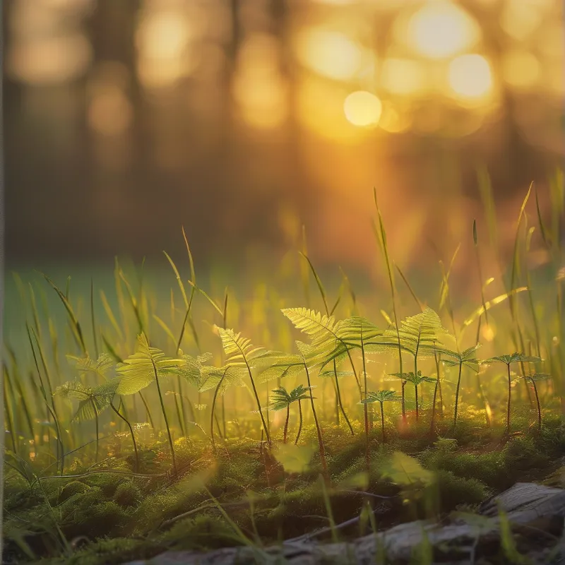 Sunlit Ferns in Forest