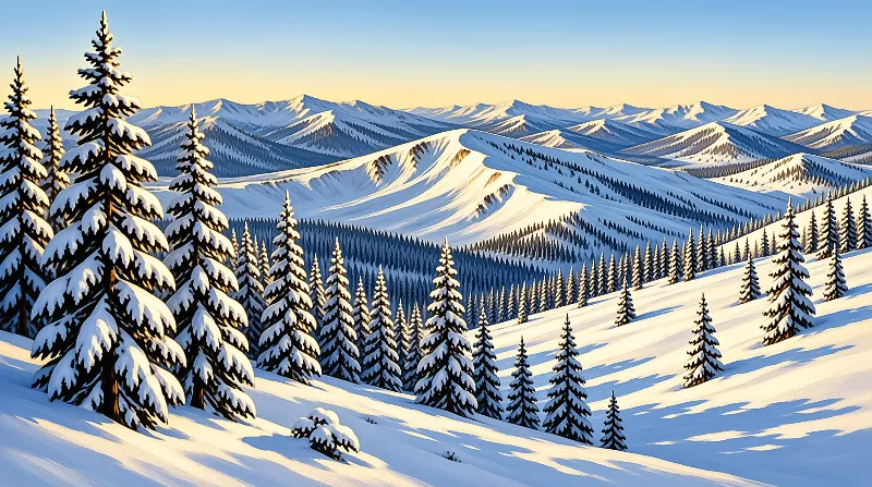 Snow laden evergreens stand in the foreground while warm sunlight illuminates rolling hills in the background.