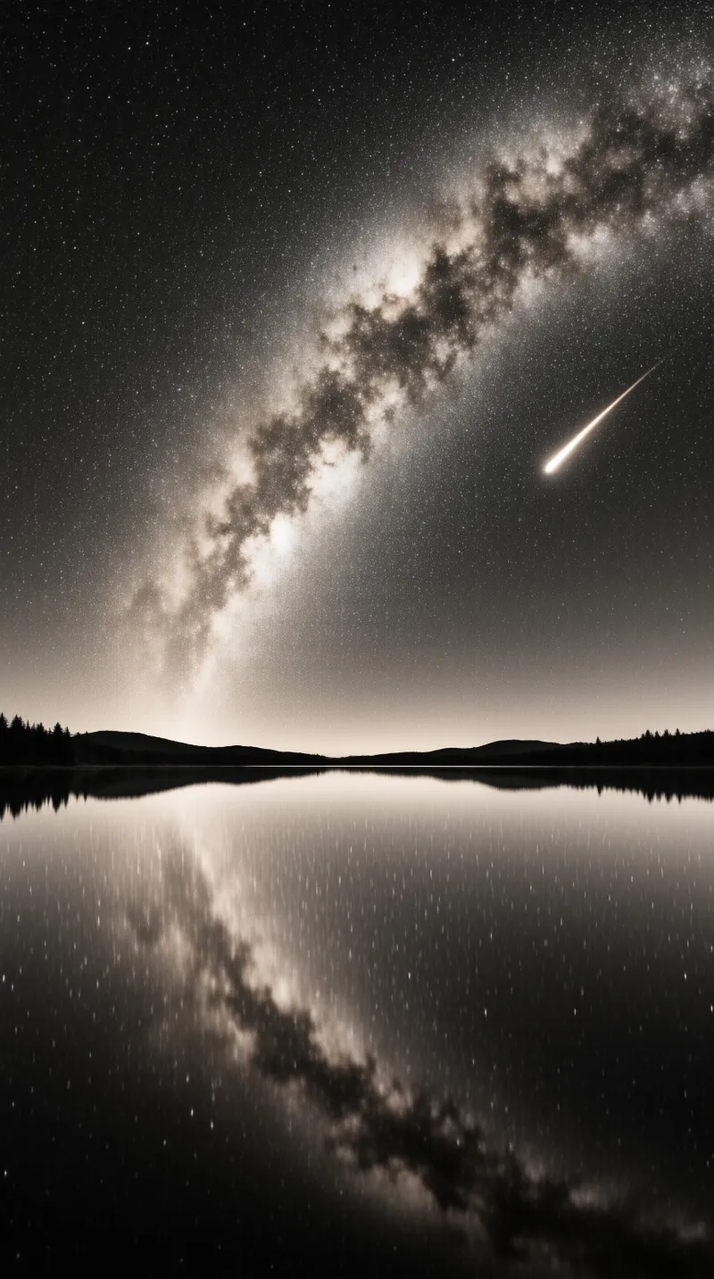 A monochrome night scene shows the Milky Way and a shooting star above a lake reflecting the starry sky.