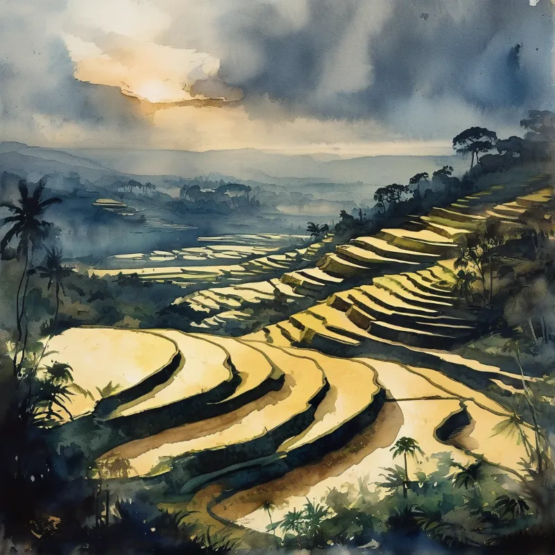 Watercolor of terraced paddies ascending a hillside as sunlight breaks through storm clouds.