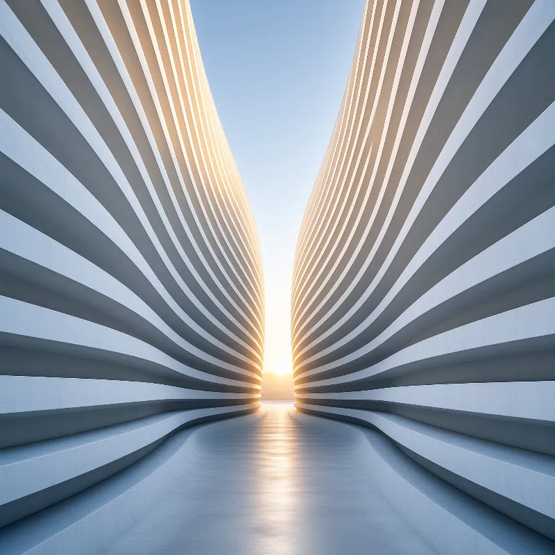 Two curved white walls with grey stripes converge toward a warm light source at the end of the smooth pathway.