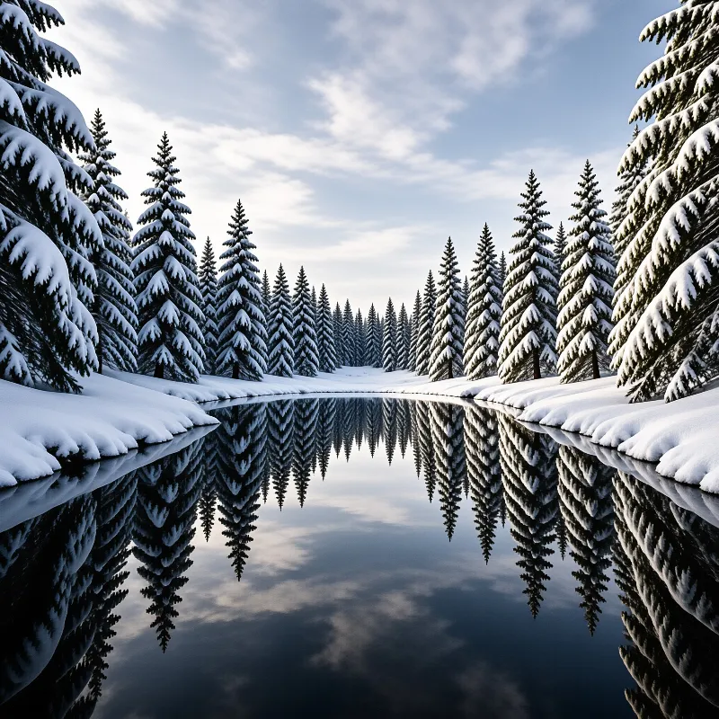 Snow laden evergreen trees line a tranquil waterway that mirrors their shapes and the pale sky above in a symmetrical composition.