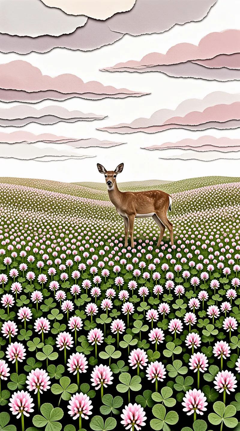 A young deer stands alert in a vast field of pink clover flowers beneath a sky of pastel layered clouds.