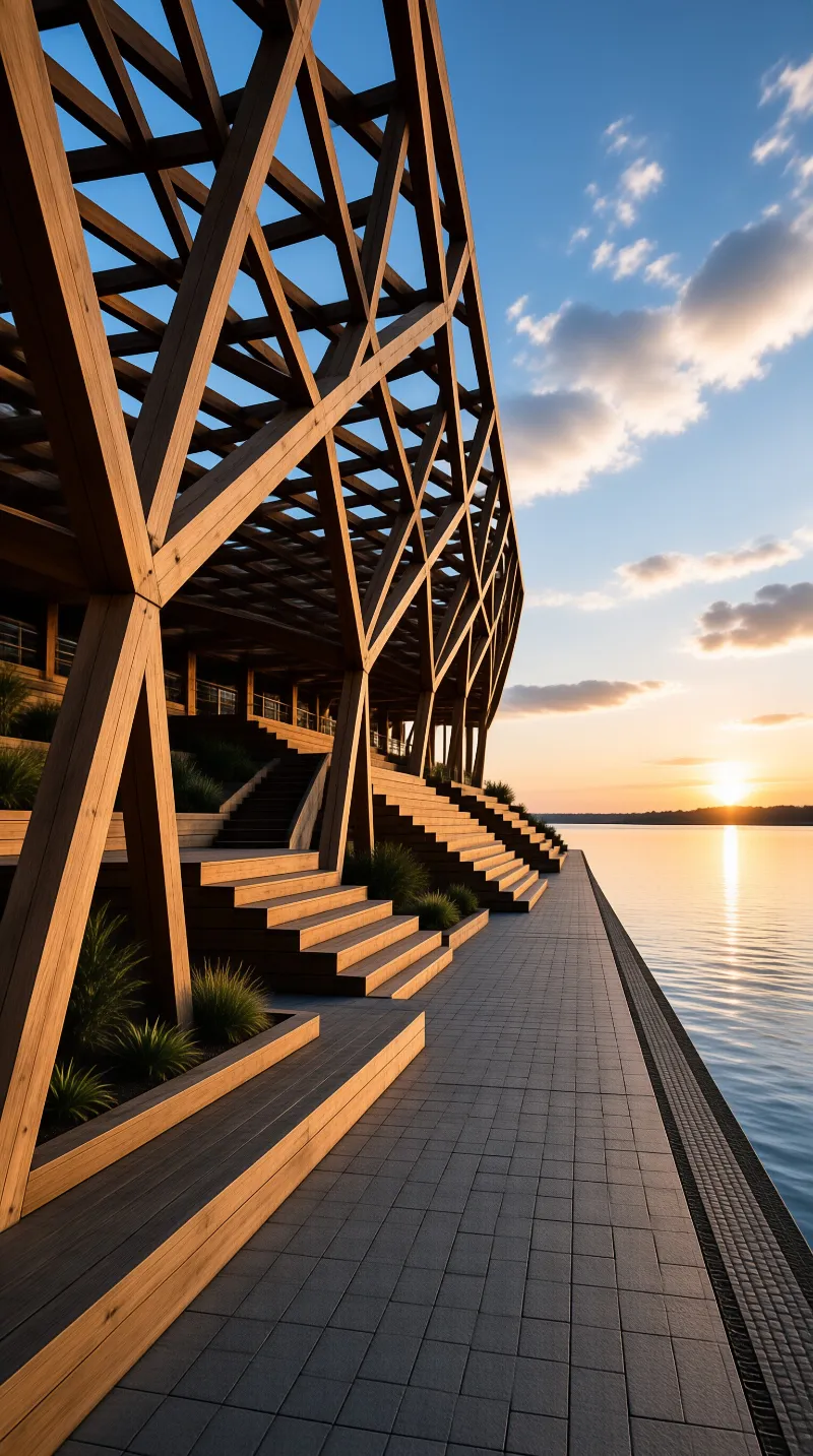 A geometric wooden structure stands beside a paved waterfront path during golden hour with sun reflecting on the calm water.