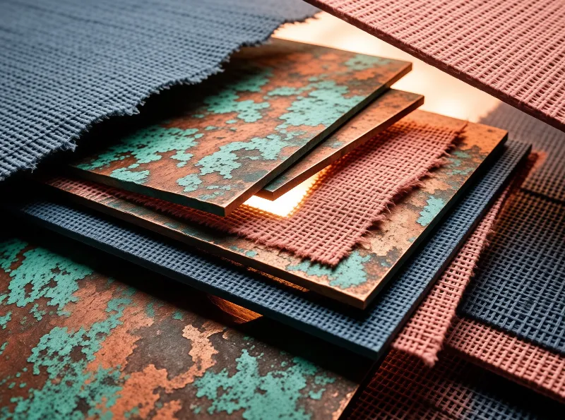 Stacked sheets of textured mesh and patinated metal with teal and rust hues illuminated by a warm backlight.
