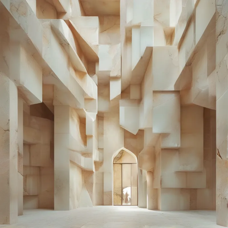 A surreal beige stone interior with layered geometric protrusions and a distant arched doorway bathed in soft warm light