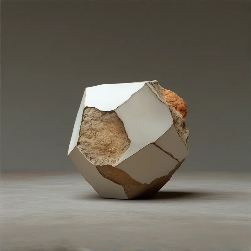 A fractured white polyhedral form rests on a grey surface showing a rough brown earthen core under soft even lighting.