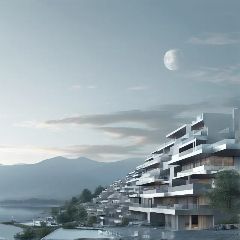 Stepped concrete balconies cascade down a hillside residence while the moon hangs over still water and distant ridges.
