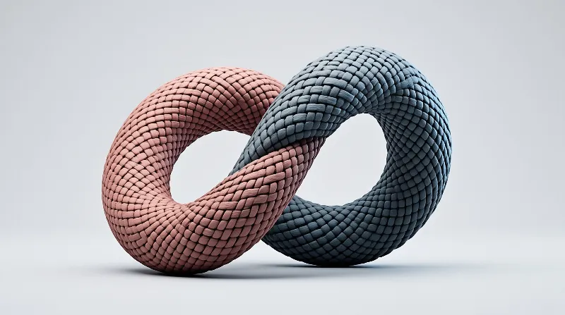 A thick braided cord forms a lemniscate shape displaying pastel pink and slate blue hues under bright studio lighting.