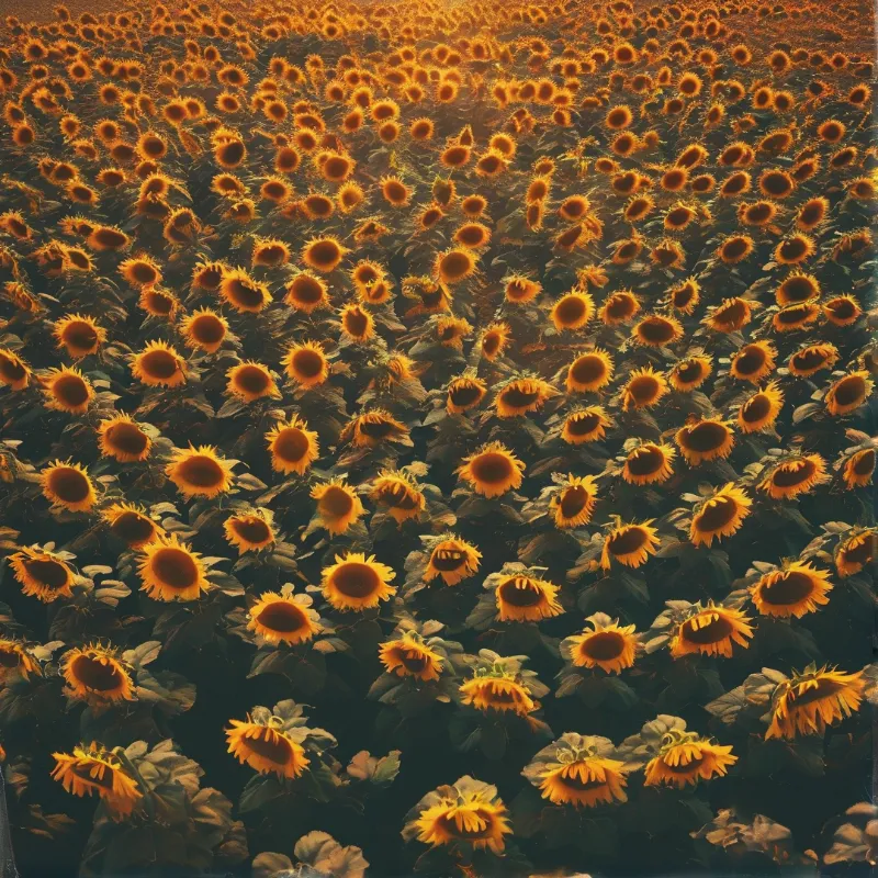 A dense sunflower field stretches to the horizon under warm evening sunlight, golden petals glowing against dark leaves.