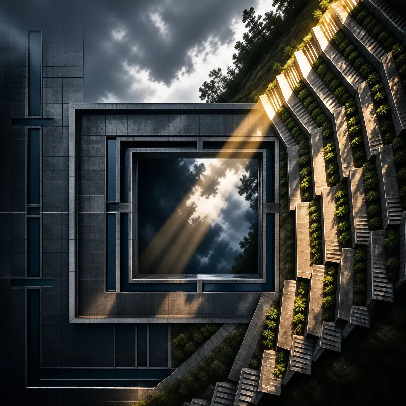 A dark stone facade surrounds a square mirror pool reflecting sunbeams and clouds with terraced green steps alongside.
