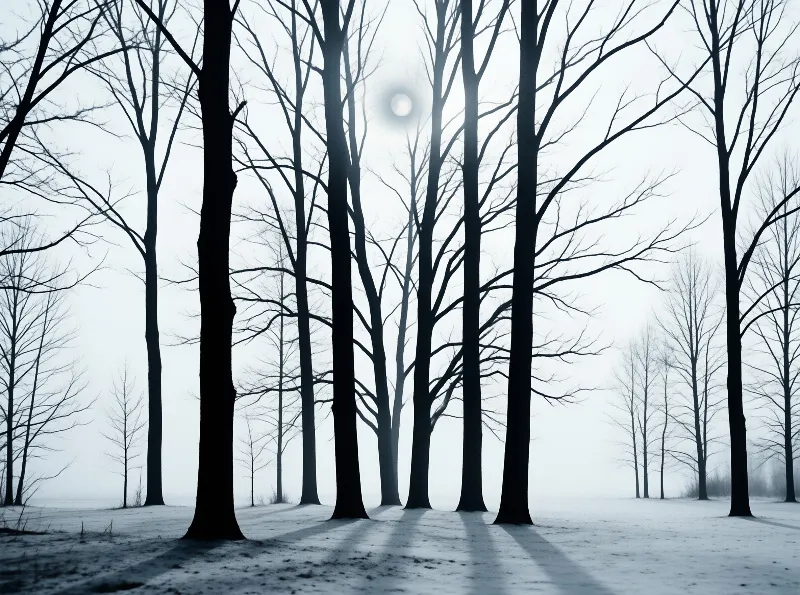 Black trunks rise through pale haze above crusted snow as a small sun glows dimly between the branches.