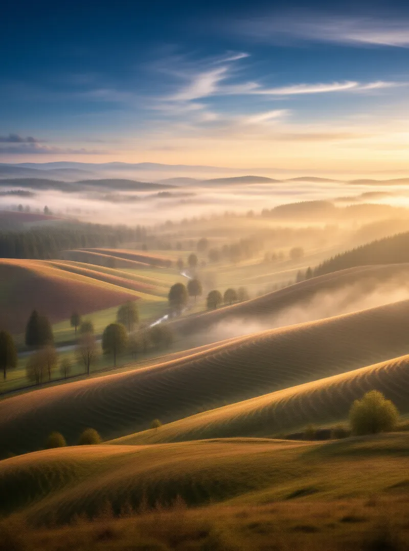 Golden Dawn Over Misty Hills