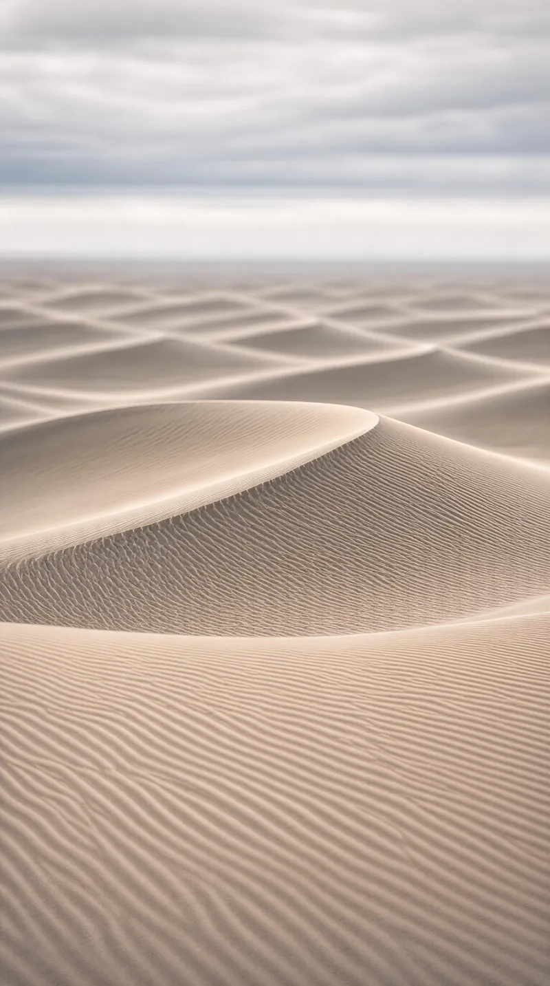 A large sand dune with fine ripples sits in an expansive desert under a cloudy, overcast sky