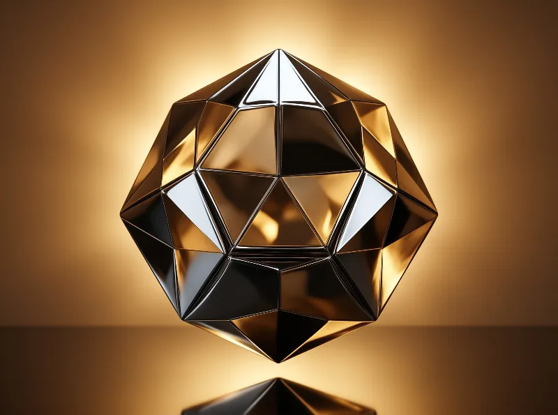 A dark metallic geometric shape with sharp facets reflects warm amber light against a softly blurred gradient backdrop.