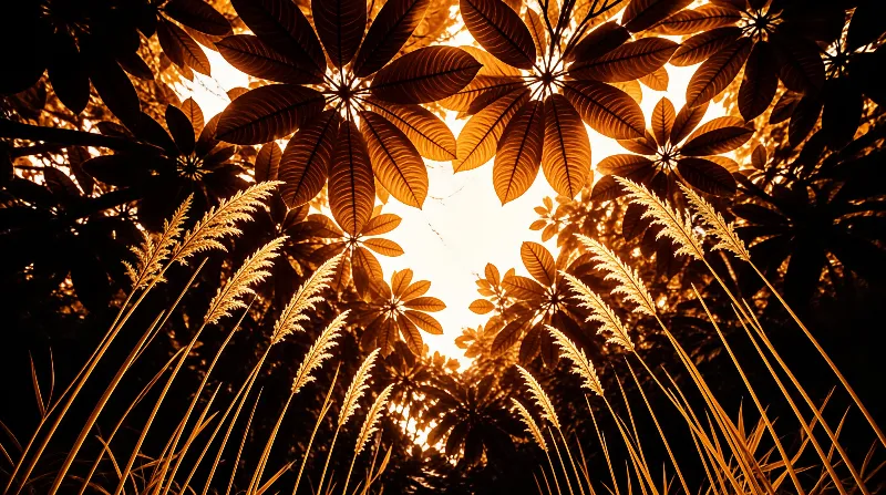 Looking up through backlit palmate leaves and plumes of grass bathed in warm amber light