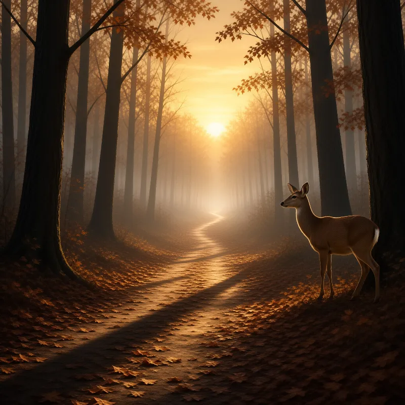 A lone deer pauses beside a misty woodland trail as low golden sunlight streams between tall autumn trees.