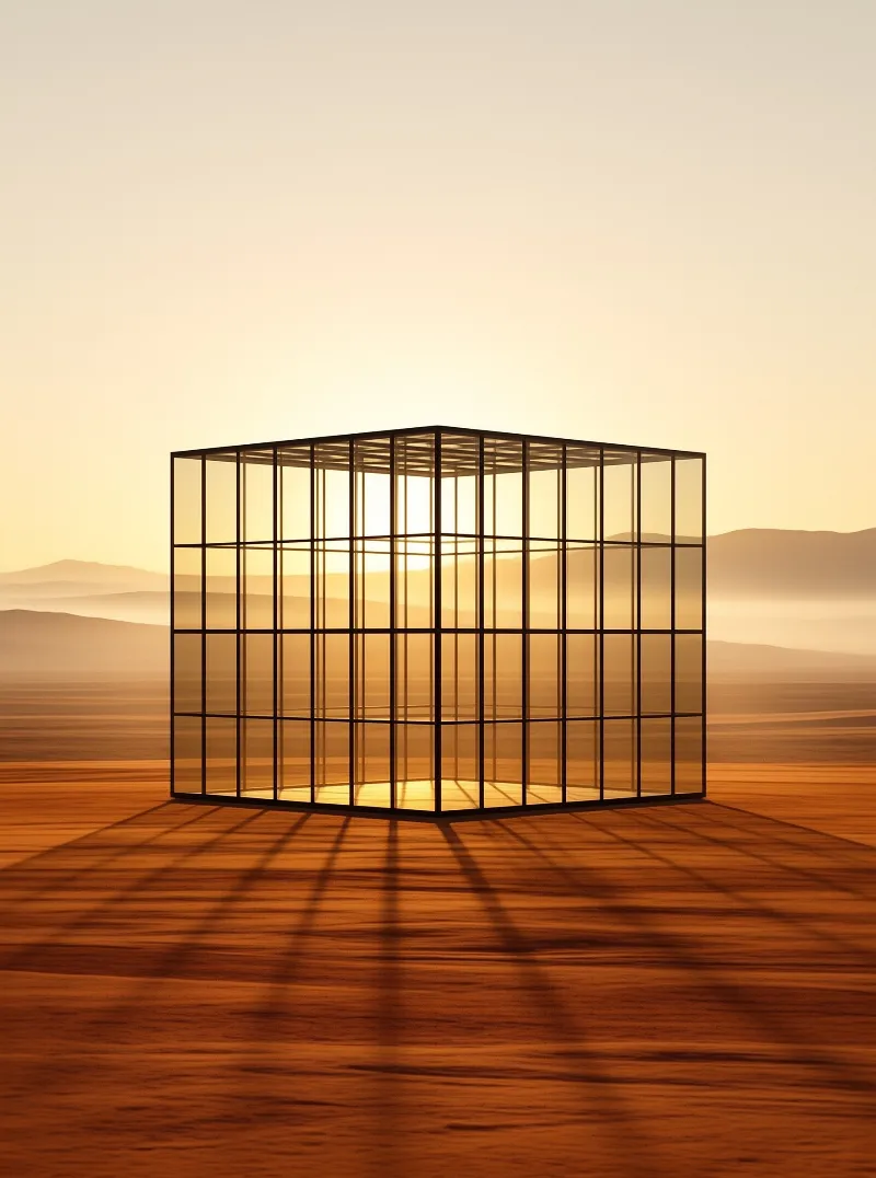 Glass Cube in Desert Sunset