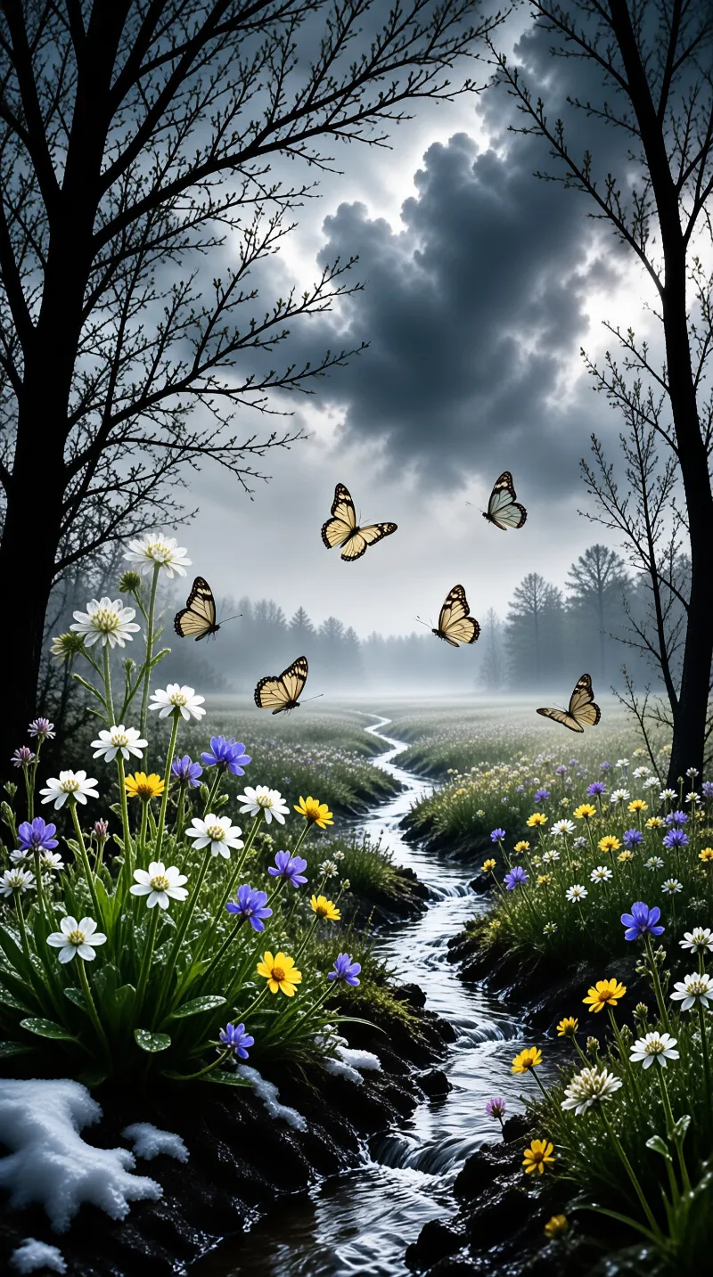 A group of butterflies flies above a misty stream bordered by colorful flowers and bare trees.