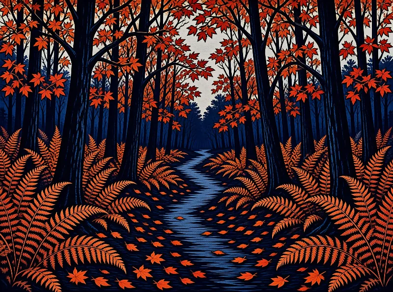 A stylized illustration of a blue stream winding through a forest with orange maple leaves and ferns.
