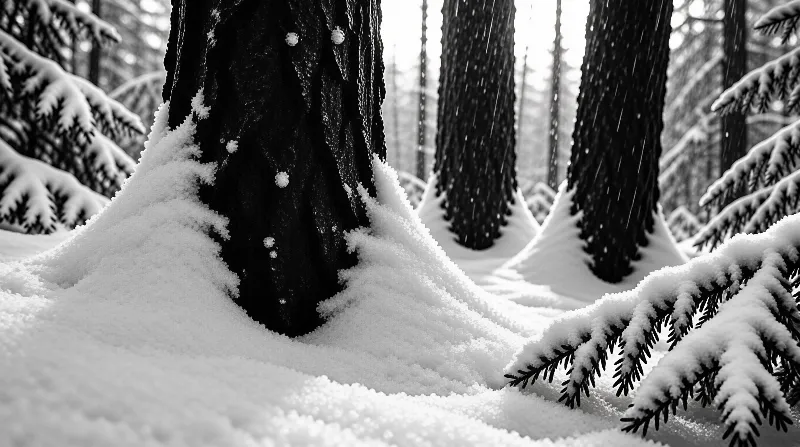 A black and white photo of a tree trunk with snow at its base in a forest with falling snowflakes