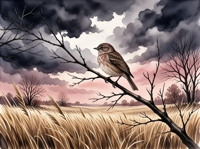 Brown sparrow resting on a bare limb overlooking a golden meadow with dramatic clouds