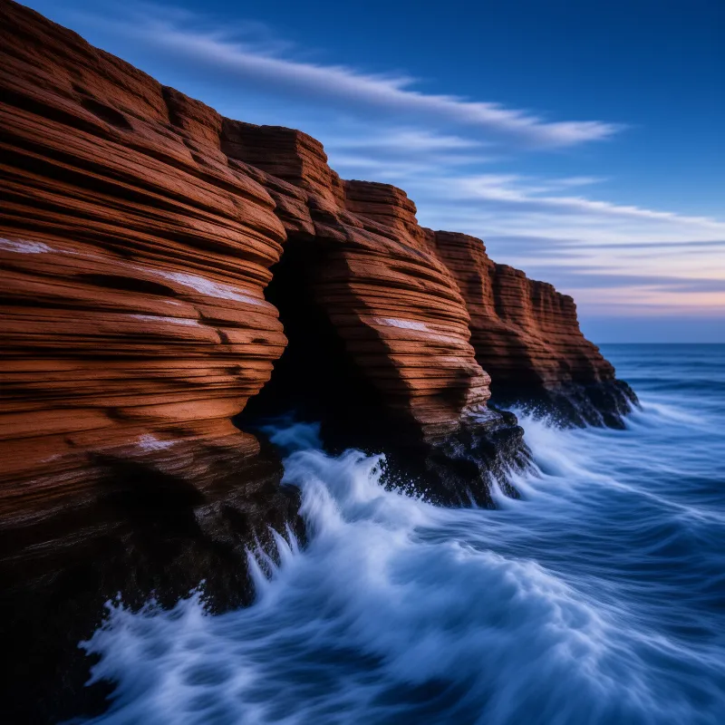 Layered red cliffs overlook churning blue waves beneath a twilight sky with cirrus clouds.