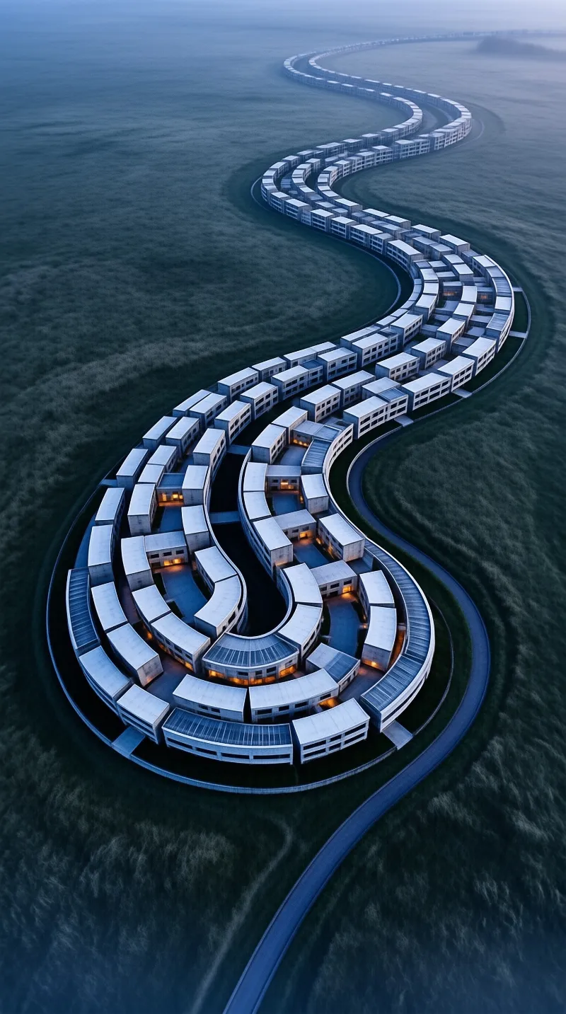 Winding white modular buildings snake across a foggy landscape with warm interior lights glowing during blue hour.