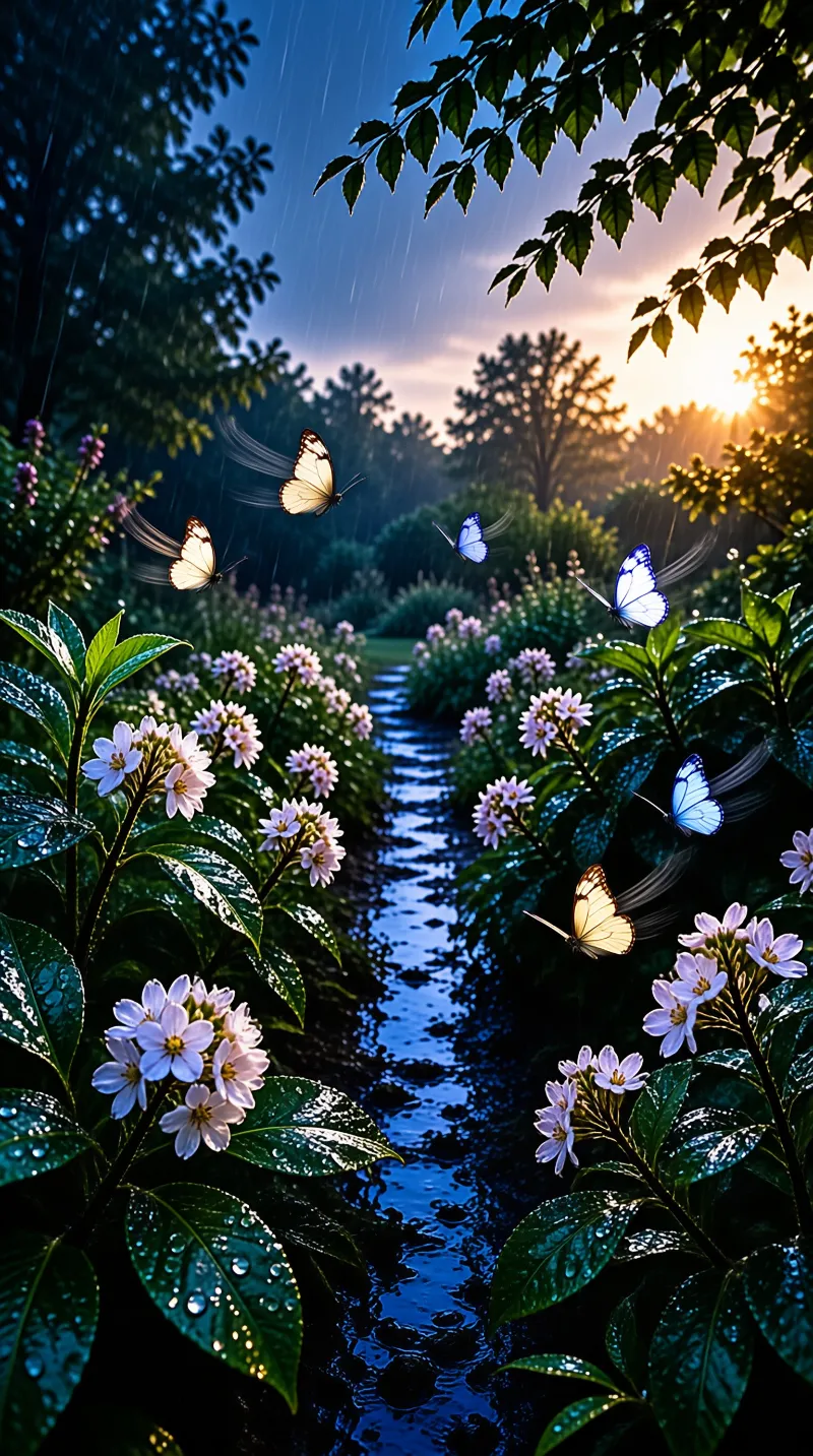White and blue butterflies fly above a wet stream lined with blooming flowers and lush leaves during a sunny rainy day.