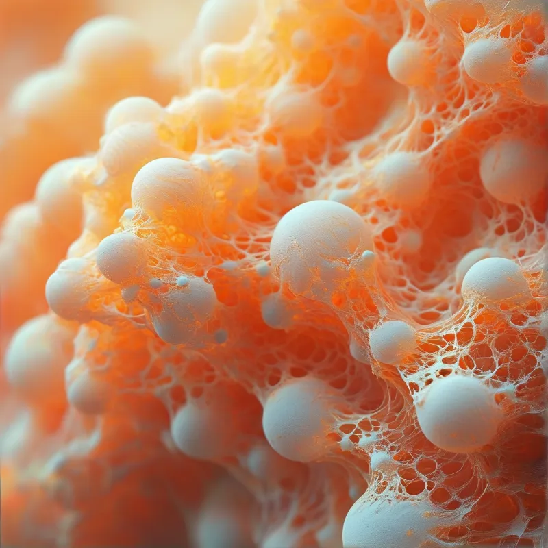 A close-up of an intricate orange network holding smooth white spheres connected by delicate filaments under soft lighting.