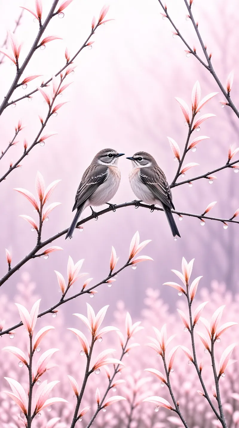 Two small birds face each other perched on a branch with pink leaves and dew drops set against a soft pink background.
