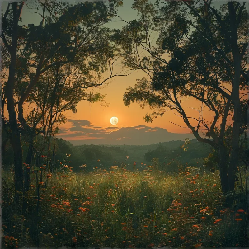 A bright sun hangs low in an orange sky, viewed through dark tree branches with wildflowers in the foreground.
