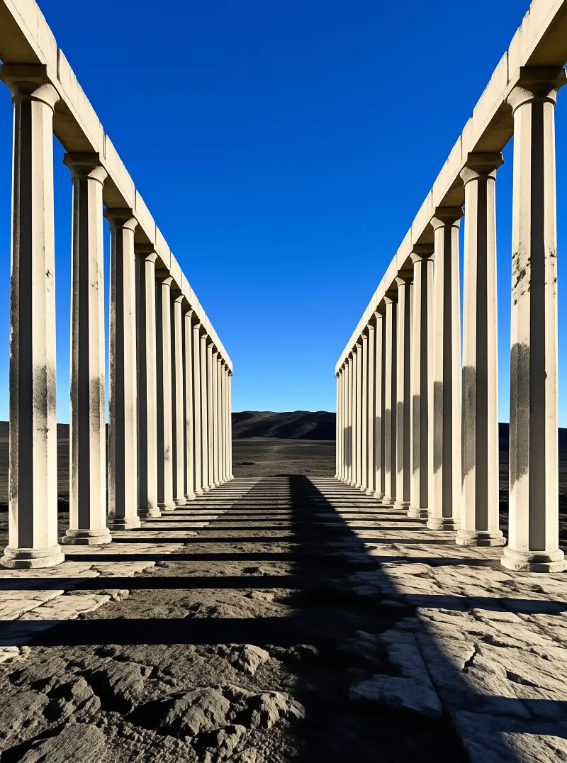 Rows of weathered stone columns create a long pathway leading toward distant hills under clear sun.