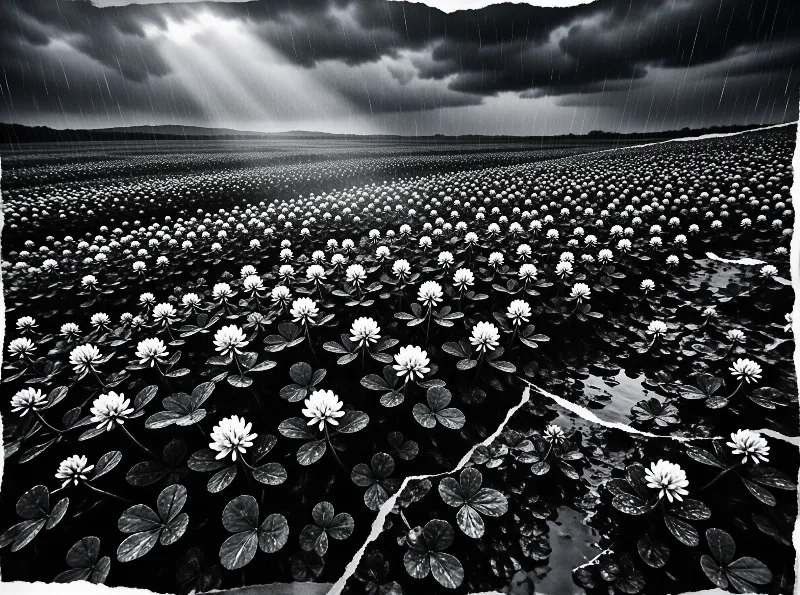 A black and white landscape featuring a vast field of clovers under dark clouds with visible rain streaks falling down.