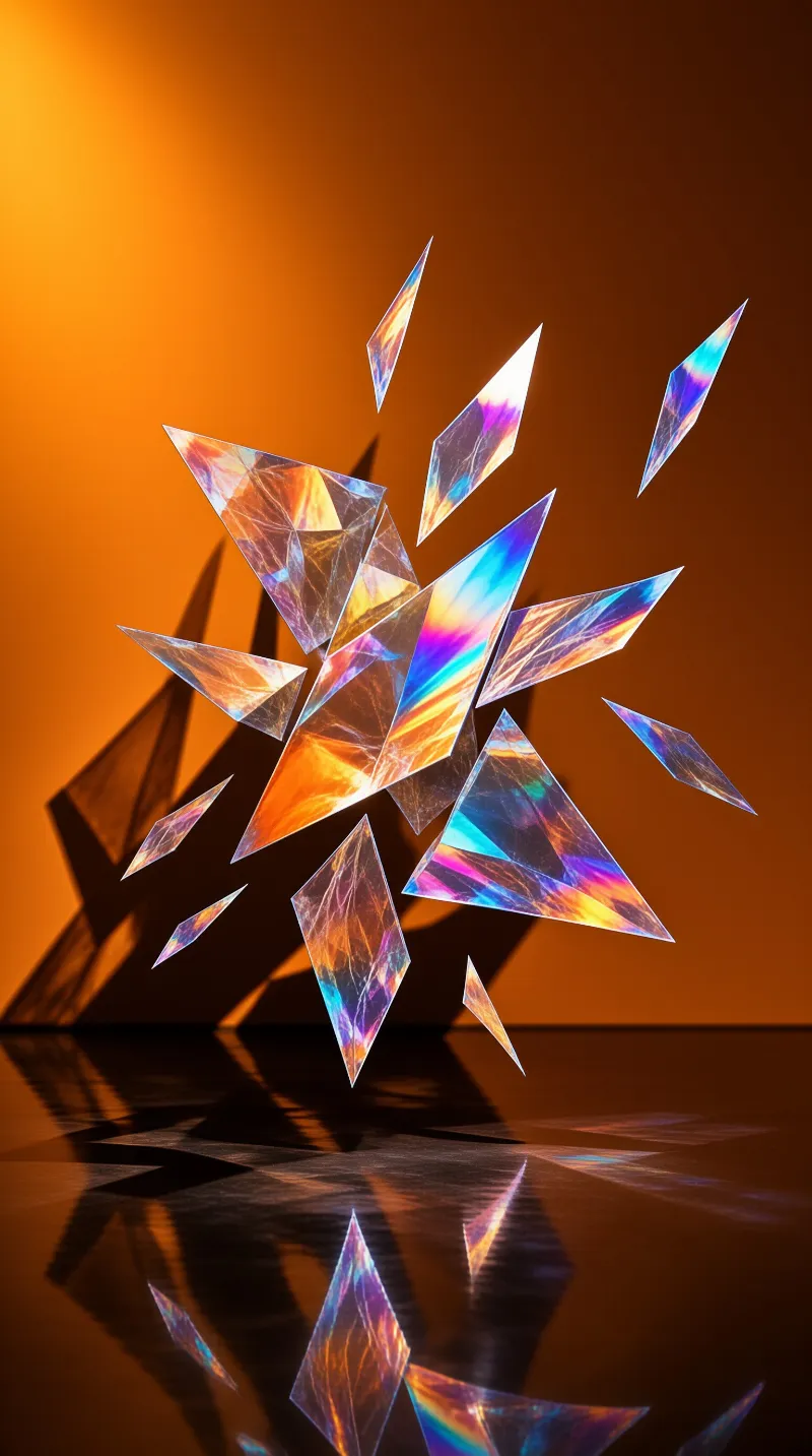 Iridescent crystal fragments burst upward above a glossy black floor with a glowing orange background.