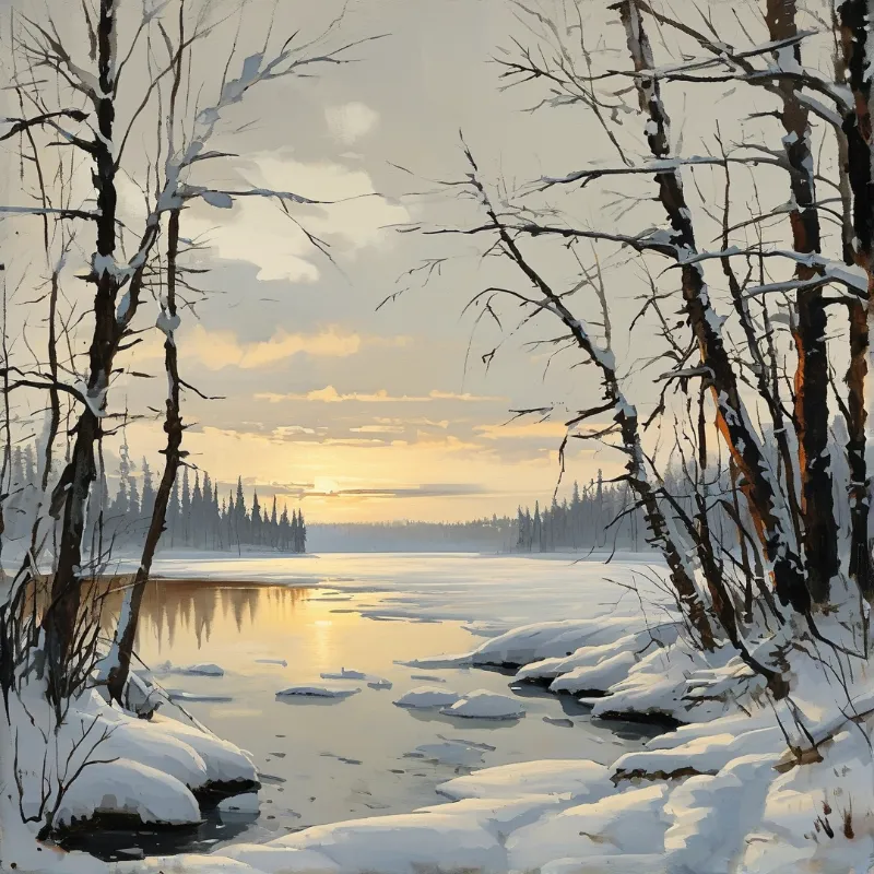 River with patches of frozen ice reflecting golden sunset light, lined with snow-covered bare trees and far off pine woods under soft hazy sky.
