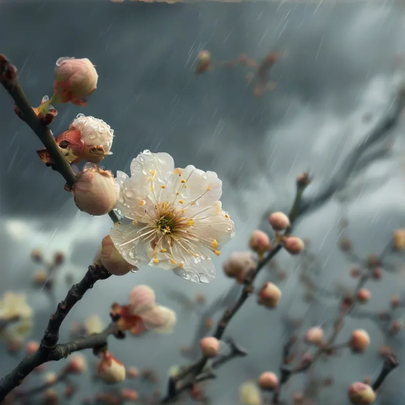 A delicate white plum flower with water droplets sits among closed buds while rain falls against a blurred blue background.